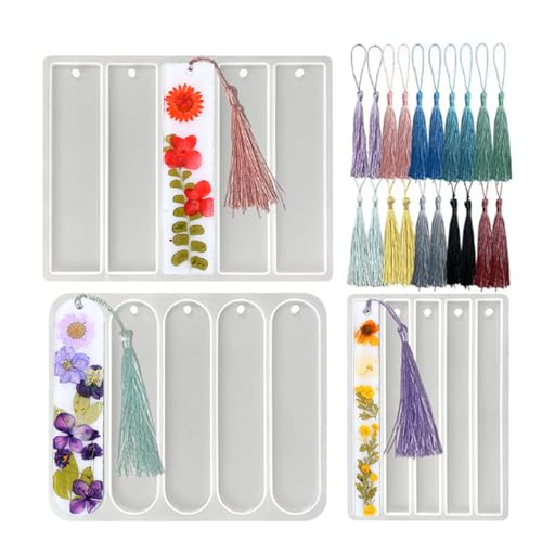 Set of 3 Bookmarks Silicone Mold Small Medium Rectangle Bookmark Resin Mold Kit with 20 Pcs Tassels for Beginners DIY Epoxy Resin Casting Crafts Making Supplies