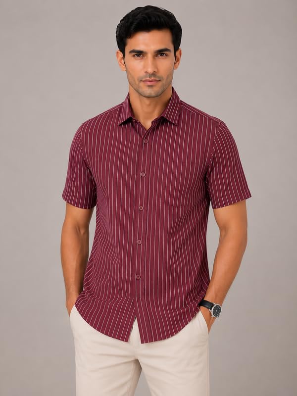 Image of MARK & ALBERT Men's Half Sleeve Cotton Linen Striped Shirt
