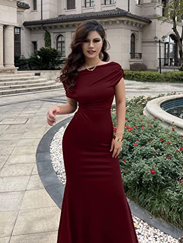 Image of YMDUCH Women's Sleeveless Off Shoulder Long Formal Party Dress | Backless,Stretch,Fitted,Mermaid,One Shoulder,Bodycon,Elegant,Slim,Formal,Solid,Evening,Wedding Guest,Bridesmaid,Maxi
