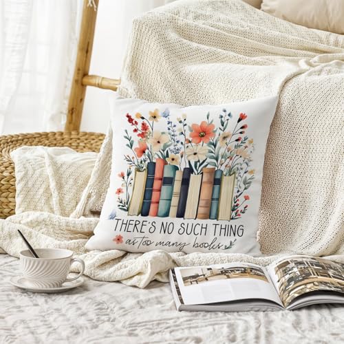 Image of Floral Book Pillow Covers 18x18, Reading Corner Nook Room Decor, Book Lover Gifts, There's No Such Thing As Too Many Books Decorative Throw Pillow Covers for Bedroom Home Library