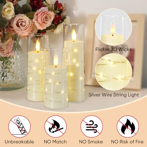Image of Raycare Flameless Candle with Remote Timer - 5 Flickering Acrylic Battery Operated LED Pillar Candles with Embedded Star String for Halloween, Home Decor, and as a Gift(Ivory)