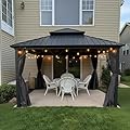 PURPLE LEAF 12'x12' Hardtop Gazebo with Lights Heavy-Duty Galvanized Steel Double Roof Outdoor Patio Gazebo Including Netting and Curtains for Garden Lawn Backyard Grey