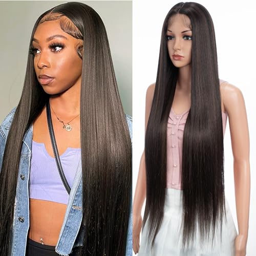 Joedir 34" Long Yaki Straight Lace Front Brown Synthetic Wigs Middle Part HD Transparent Glueless Lace Wig Heat Resistant Fiber Pre Plucked Hairline with Baby Hair Wig for Women