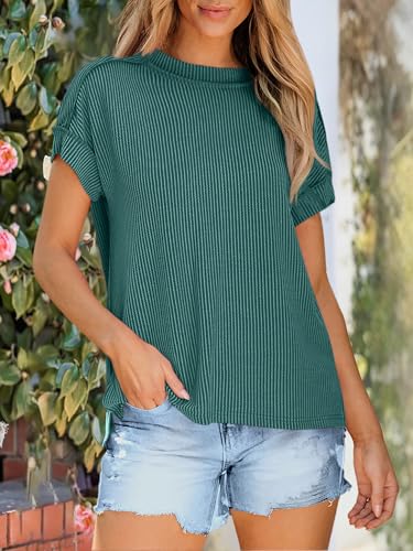 ANRABESS Womens Short Sleeve Crewneck Shirts Ribbed Knit High Low Hem T Shirt 2025 Summer Spring Casual Tops Trendy Clothes2