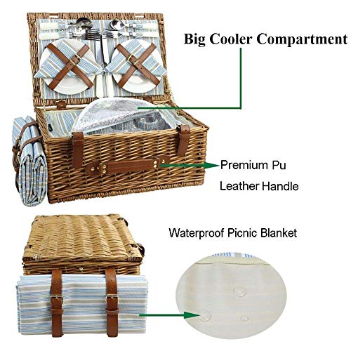 HappyPicnic Wicker Picnic Basket Set for 4 Persons Large Willow