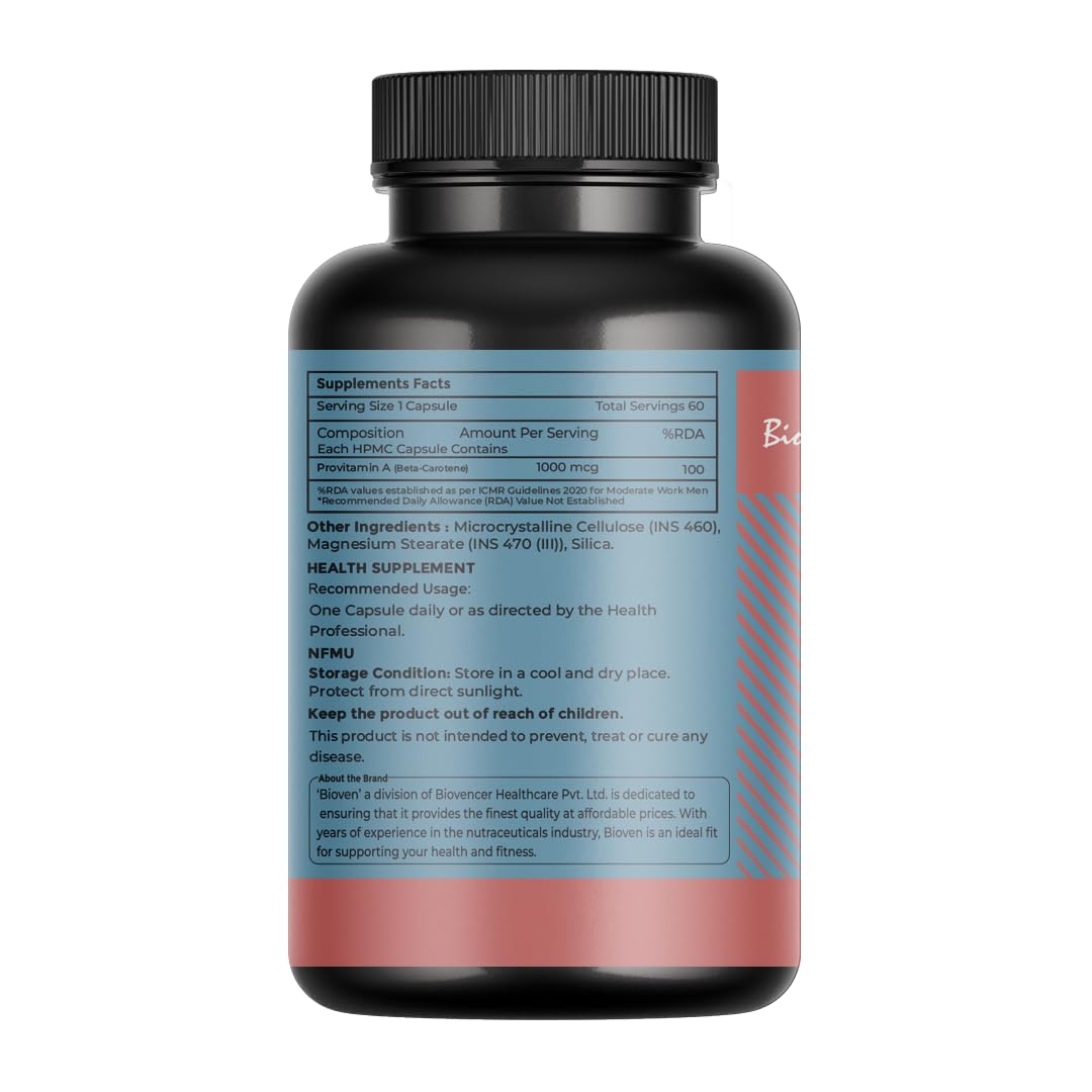 Biovencer Beta Carotene Capsules 60 | Provitamin A 1000 mcg for Eye Health & Antioxidant Support | Daily Adult Supplement