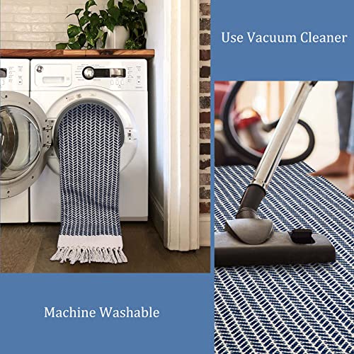 Lahome Boho Kitchen Runner, 2X6 Laundry Room Rug Lightweight Runners For Hallways Washable Runner Rug With Tassels, Farmhouse Cotton Blue Throw Rug Non-Shedding Carpet Runner For Entryway Bathroom #TOP2