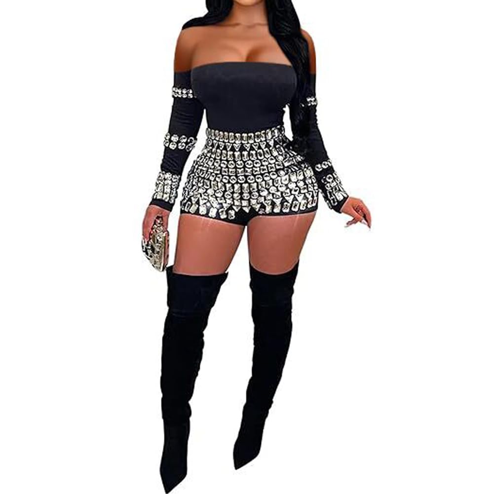 HWP Sexy Jumpsuits For Women Off Shoulder Bodycon Club Rompers Rhinestone Sparkly Party Outfits