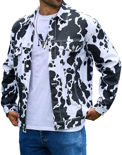 Cow Print Trucker Jacket for Men Western Cowboy Unlined Coats Cute Animal Tops Holiday Gifts