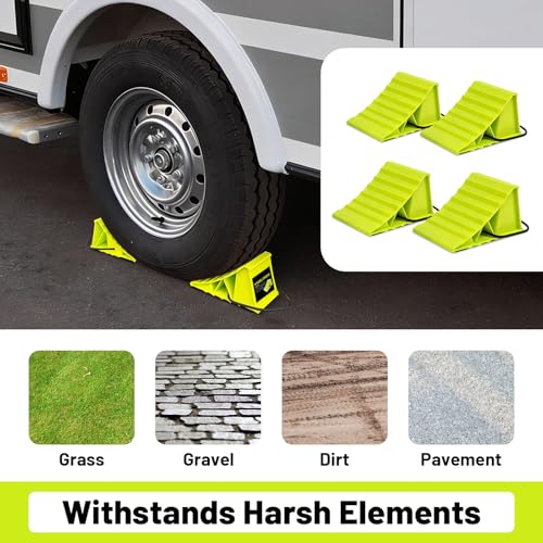 Image of ROBLOCK 4 Pairs Wheel Chocks for Travel Trailers, Non Slip Base Heavy Duty Green Camper Wheel Chockwith Rope, Lightweight Wheel Stoppers for Cars, Camper Trucks, RVs, Easy to Carry, Green
