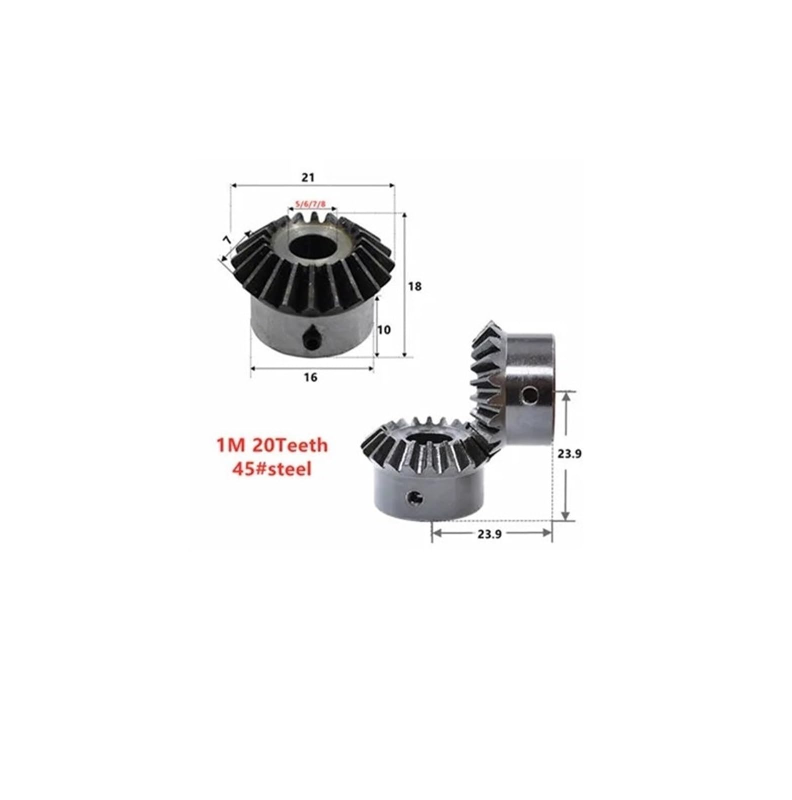 Bevel Gear Pinion Hardware Mechanical 2pc Bevel Gear 1 Mold 20Teeth 45# Steel Inner Hole 5mm/6mm/7mm/8mm Gear 90 Degrees Meshing Angle Steel Gear Screw Hole M5(7 mm)