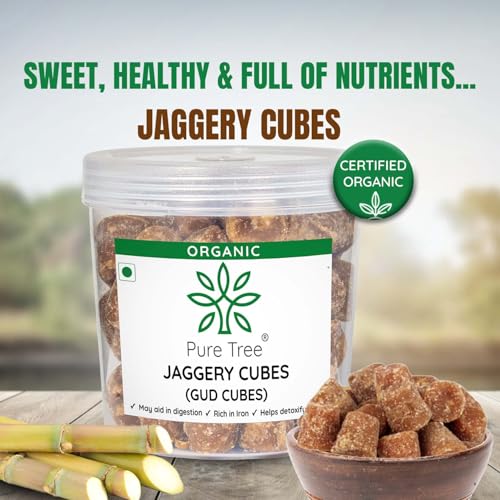 Image of Pure Tree Certified Organic Jaggery Cubes Small | 800 g | Jar | Sugarcane Gur Cubes | Desi Gud Jaggery Cubes from Jaggery Block (No Preservatives) | Pack Of 3