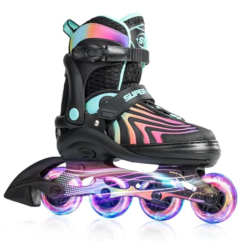 SUPER YOUNGSTER Girls Inline Skates for Boys Kids Ages 4-12, Adjustable Light Up Roller Skates for Youth Teens Ages 8-12, Beginner Blades for Women Adults