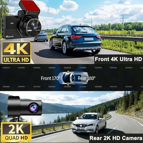 Dual Dash Cam Front and Rear, 4K+2K Dash Camera for Cars, Front Rear Dashcam G-Sensor, 170° Wide Angle, 3" IPS Screen, 24H Parking Monitor, Loop Recording, WiFi & APP Control, with 64GB Card - image 3