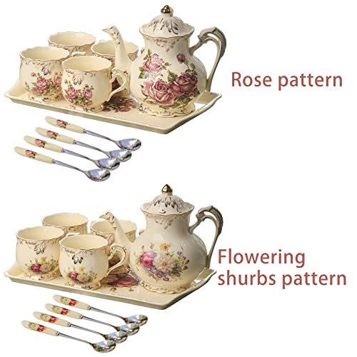 Porcelanowy zestaw do popołudniowej herbaty, kwiatowy zestaw do kawy w stylu vintage z czajnikiem, filiżankami do herbaty, tacą do serwowania i łyżeczką na prezenty i imprezy