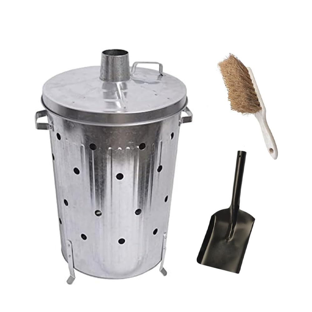 shopior Galvanised Metal Incinerator Bin with Lid | Heavy Duty Garden Rubbish Burner for Leaves, Firewood, Paper, Coal, Outdoor Waste Disposal - (90L-Incinerator-Shovel-Brush) — image 1