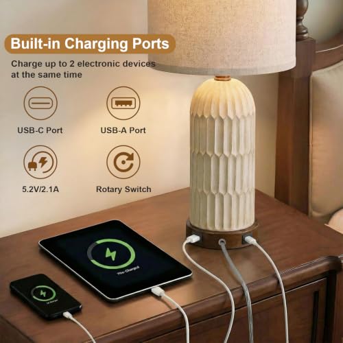 OYEARS 22" Bedside Table Lamps Set of 2, Farmhouse Lamp with USB A+C,Brown - Image 2