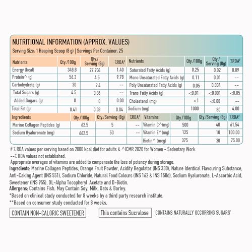 Image of TrueBasics CollaSkin, Marine Collagen Peptides (Mixed Fruit, 200g) | With Vitamin C, E & Hyaluronic Acid | For Youthful Glowing Skin, Healthy Hair & Nails