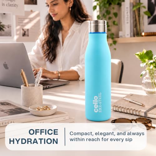 Image of CELLO Gem Stainless Steel Water Bottle for Daily Use 900 ml Blue | Easy to Carry & Clean, Rust Proof Leak Proof Freezer & Fridge Safe Single Wall Steel Water Bottle for School Kids, Travel & Office