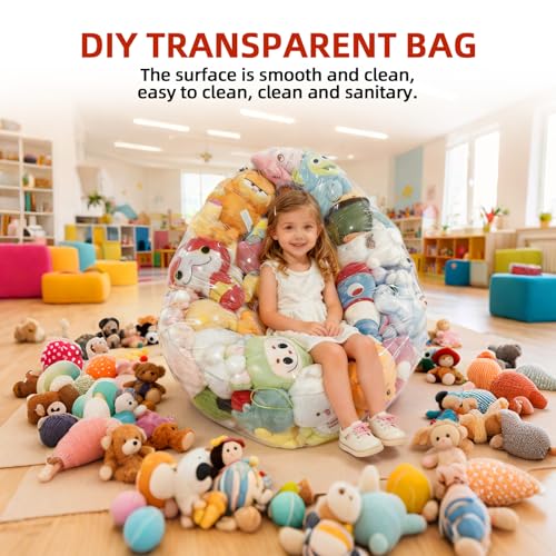 Image of Clear Stuffed Animal Storage Bean Bag Chair for Stuffed Animals, 150L Oval Shape 31.4in Waterproof PVC, 2-in-1 Toy Organizer and Comfy Seat for Kids Room and Playroom (No Filler Included)