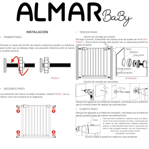 ALMAR Baby Sicherheitsgitter 61-68 cm weiß | Einfache Montage ohne Bohren für Türen, Flure oder Treppen für Kinder oder Haustiere | Weißer Zaun mit selbstschließendem System
