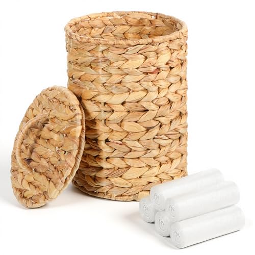 Image of Exclaith Boho Wicker Trash Can with Lid 1.3 Gallons Small Bathroom Trash Can with 100 Garbage Bags Water Hyacinth Wicker Waste Basket for Bedroom Bathroom Kitchen Living Room