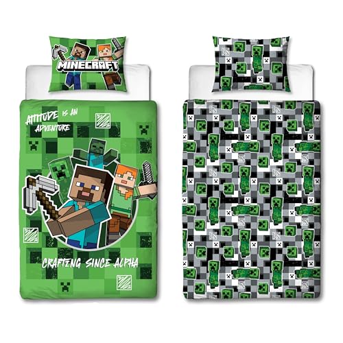 Character World Minecraft - Juego de Funda de edredón para Cama Individual, diseño de Juegos de Cuadros, Reversible, 2 Caras, Incluye Funda de Almohada a Juego, Juego de Cama Individual