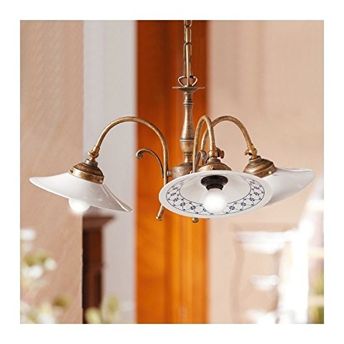 Lampada a sospensione a 3 luci in ottone con paralumi in ceramica decorata retrò country – Ø 58 cm - Bianco (nessun decoro)
