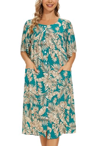 Image of COSUNIONY House Dresses for Women Cotton Short Sleeve House Coat Buttons Down Dusters Robe with Pockets S-XXL
