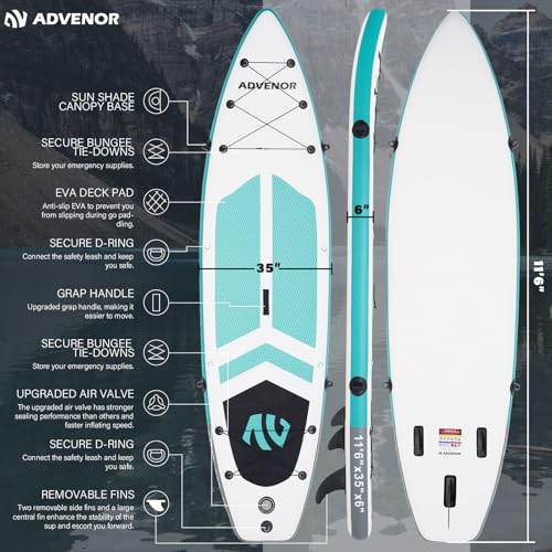 ADVENOR Paddle Board 11\'6\"x35x6 Super Wide Inflatable Stand Up Paddle Board with Sun Shade Canopy,Double Blade Paddle,Hand Pump,Satefy Leash,Backpack and Waterproof Bag, Perfect for Family and Fishing
