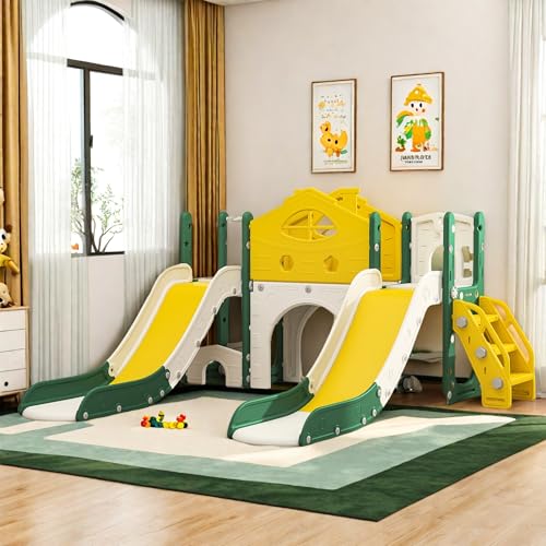 Scivolo 7 in 1 per bambini dai 3 ai 6 anni in su, per interni ed esterni, parco giochi per bambini con cestino da basket, arrampicata, gioco di gioco e spazio di archiviazione, scivolo da giardino