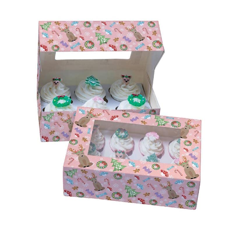 Baked with Love Magical Woodland Friends Cupcake Boxes, Twin Pack, To Carry Tasty Festive Treats, Dual Insert for 6 Standard or 12 Mini Cupcakes or Muffins, Adorable Deer, Pack of 2 Christmas Boxes