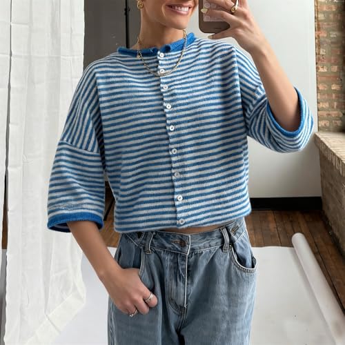 Image of Women Knitted Crop Cardigan Shirt Short Sleeve Button Down Ribbed Knit Crop Top Y2k Girls Outwear Top Tee Shirt