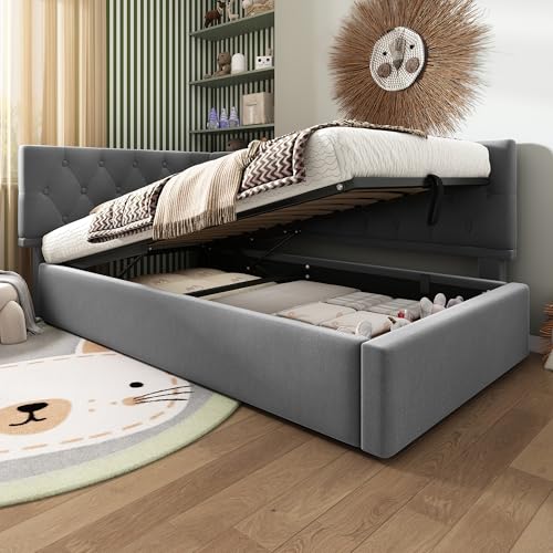 HUQIQWE Cama Individual Tipo Sofá Cama con Arcón Hidráulico, Somier De Lamas, Cabecero Tapizado y Respaldo En L, Estructura Funcional Cama 90x200 cm, para Dormitorio Juvenil Completo
