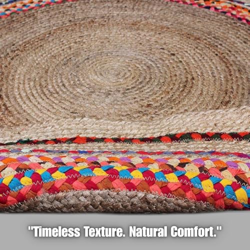 Image of Rounds Jute Carpet - Handwoven Natural Fiber Rug for Living Room, Bedroom, Entryway | Boho Chic Eco-Friendly Area Rug | Rustic Designer Floor Mat:-(Chindi Design, 6x6 feet