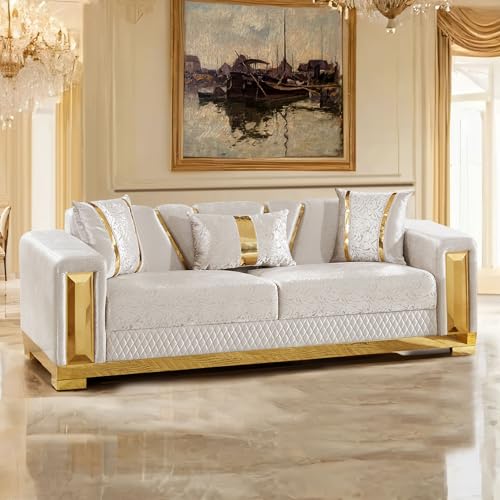 Image of Furniture of America Samison II Glam Solid Wood Upholstered Couch with Accent Pillows, Damask Pattern and Gold Base, Comfortable Sofa for Living Room, Bedroom, Office, Beige