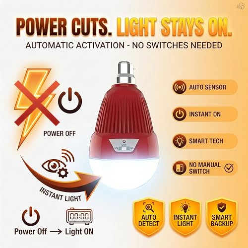 Image of Drumstone Rechargeable 150W LED Emergency Bulb with Up to 8 Hours Power Backup, Automatic Power Cut Lighting, Energy Saving Long-Lasting Bulb for Indoor Home Use