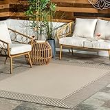 nuLOOM 4' x 6' Outdoor Area Rug, Casual Design with Striped Border, Stain Resistant, Highly Durable, for Patio, Balcony, Bedroom, Living Room, Dining Room, Bathroom, Light Grey