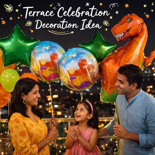 Image of Propsicle Dinosaur Theme Foil Balloons Set of 5-36 Inch Dino Shape Balloon with 2 Round Printed Balloons and 2 Star Foil Balloons - Suitable for Birthday, Jungle Theme, Safari Decoration
