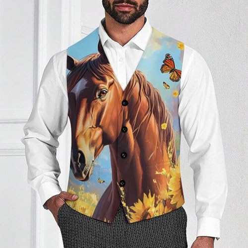 Horse Sunflowers And Butterflie Men's Formal Suit Vest for Business Formal Or Casual Dress Waistcoat Wedding2