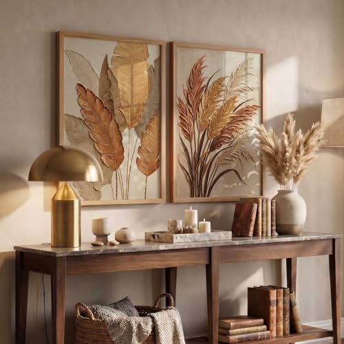Image of kotart Golden Leaf Art Wall Painting Home Decoration With Frame For Living Room Bed Room Hotel Wall Decor Digital Reprint Engineered Wood Set of 2 (14 X 20 INCH)