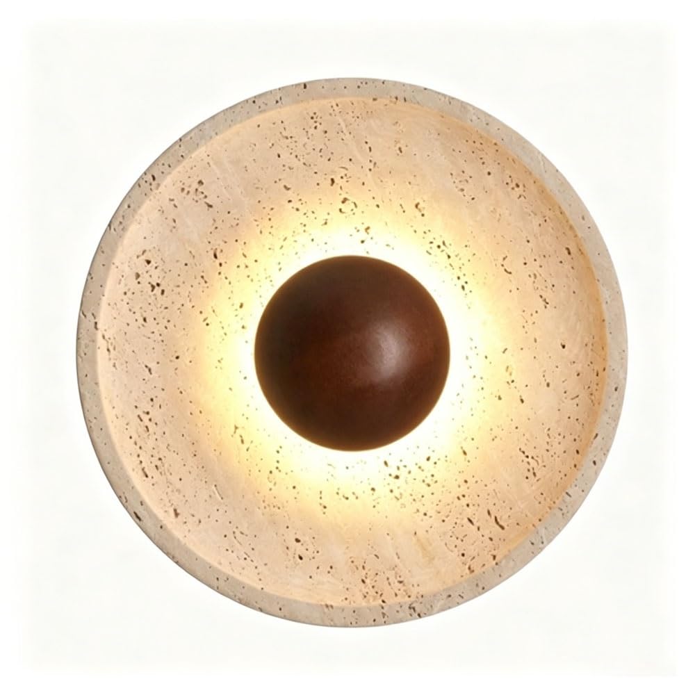 Luoyaob B Luoyao Yellow Travertine Marble Wall Sconce Round Natural Stone Wall Lamp Japanese Style Indoor Lighting Fixture Decorative Wall Light For Edroom Living Room Corridor Hotel(,Walnut)