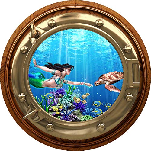 Vinilo Decorativo Ventana Circular Sirena y Tortuga 12"