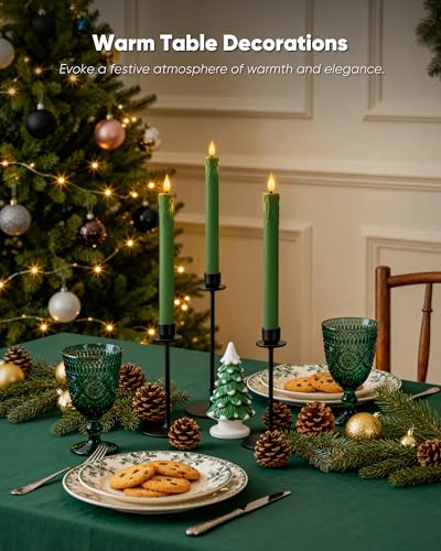 Image of Homemory 3 Pcs Waxy Green Flameless Taper Candles with Remote Timer, LED Fake Candlesticks, 9.6 Inches Battery Tall Candle with 3D Flickering Flame for Wedding, Dinner, Christmas Anniversary Decor