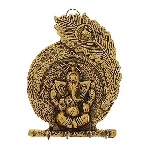 Image of eCraftIndia Golden Metal Lord Ganesha & Peacock Feather Decorative Key Holder for Wall with 4 Key Hooks | Wall Key Holder for Home Decor | Gift for Diwali Housewarming | Diwali Gift for Family Friend