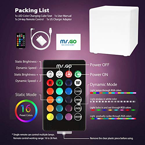 Mr.go 16-Inch Rechargeable Led Cube Chair Light W/Remote, Waterproof Rgb Color Changing Led Light Cube Seat Stool Side Table, Ideal Home Bedroom Patio Pool Party Accent Ambient Decorative Lighting #TOP6