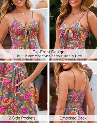 Image of Kranda Women 2026 Summer Sundress High Waist Tie Front Spaghetti Strap Long Beach Floral Tiered Maxi Dress with Pockets