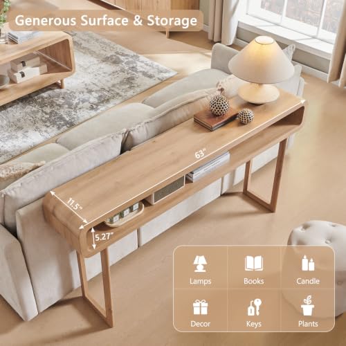 IFGET 63-Inch Long Console Table, 31.5" Tall Modern Entryway Table with Open Storage Shelf, Curved Profile Design, Narrow Wood Sofa Table Behind Couch Table for Living Room, Hallway,Foyer, Natural Oak - Image 5
