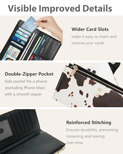 Image of Cow Women's Slim Wallet,Thin RFID Card Holder with Zipper Pocket | 12 Slot Wallet Organizer, Large Capacity, Vegan Leather, Coin Purse, Cash Compartment, Travel Wallet, Women Gift