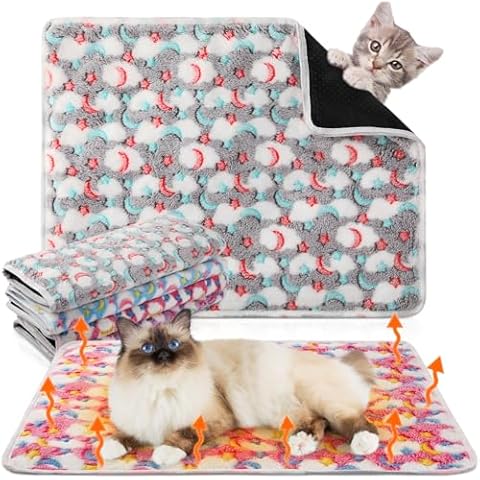 Clysee 4 Pack Self Heating Cat Bed Cat Self Warming Pad with Removable Cover Extra Warm Thermal Pet Pad Washable Pet Crate Mat Anti Slip Kennel Pad for Indoor Outdoor Pets(Stars Moon,16 x 20 Inches) Cover